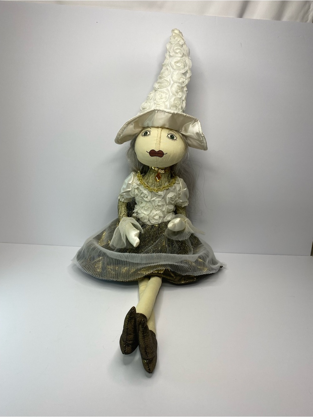 Elegant White & Gold Witch Shelf Sitter Doll Halloween Decor 30"